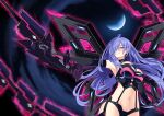  1girl absurdres blue_hair blush breasts earrings elbow_gloves eyebrows_visible_through_hair gloves hair_between_eyes hatsune_haruka highres iris_heart jewelry kami_jigen_game_neptune_v large_breasts long_hair navel neptune_(series) pink_eyes power_symbol solo symbol-shaped_pupils 