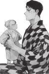  2boys absurdres baby baby_carry bags_under_eyes bangs barefoot carrying egyuuu father_and_son foot_dangle from_side greyscale highres japanese_clothes kimetsu_no_yaiba kimono long_sleeves looking_at_another male_focus monochrome multiple_boys profile sanpaku scar scar_on_cheek scar_on_face shinazugawa_kyougo shinazugawa_sanemi short_hair simple_background sitting sleeves_past_wrists yagasuri younger 