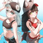  2girls animal_ear_fluff animal_ears azusa_(azunyan12) baseball_cap black_hair blue_eyes braid collarbone dolphin_shorts earrings fox_ears fox_girl fox_tail hair_ornament hairclip hat highres hololive jewelry long_hair low-tied_long_hair midriff multicolored_hair multiple_girls navel ookami_mio red_hair shirakami_fubuki shorts side_braid sports_bra streaked_hair tail virtual_youtuber white_hair wolf_ears wolf_girl wolf_tail yellow_eyes 