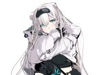  animal_ears arknights aurora_(arknights) bangs bear_ears black_gloves black_hairband black_shirt blue_eyes blush gloves hair_between_eyes hairband highres infection_monitor_(arknights) jacket joshua_(shisanli934) long_hair looking_at_viewer shirt very_long_hair white_hair white_jacket 