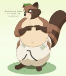  absurd_res anthro balls bashful big_balls big_diaper blush canid canine chubby_male diaper diaper_bulge embarrassed extremius_amphibious genitals hi_res looking_away male mammal raccoon_dog shy solo tagme tanuki text 
