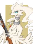  animal_focus blue_eyes claws closed_mouth collar colored_sclera commentary dragon english_commentary frown gun highres holding holding_gun holding_weapon looking_away looking_to_the_side no_humans pokemon pokemon_(creature) pump_action reshiram shotgun shotgun_shell sigh simple_background slit_pupils solo upper_body velka weapon white_background yellow_background 