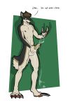  2015 5_fingers anthro black_body black_fur bodily_fluids brown_hair canid canine canis claws dialogue digital_media_(artwork) english_text erection excessive_precum fingers fur genital_fluids genitals green_eyes hair hi_res long_claws longblueclaw looking_at_genitalia looking_at_own_penis looking_at_penis looking_at_self male mammal masturbation nude open_mouth pawpads paws penile penile_masturbation penis precum simple_background solo standing tan_body tan_fur teeth text tongue wolf 