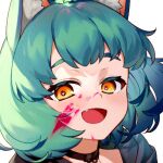  1girl black_choker blood blood_on_face blush choker fang girl_dm green_hair heart heart-shaped_pupils indie_virtual_youtuber morimori_chikka open_mouth pink_blood short_hair smile symbol-shaped_pupils virtual_youtuber yellow_eyes 