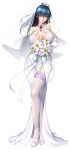  1girl bangs bare_shoulders blue_eyes blue_hair bouquet breasts breasts_apart bridal_veil closed_mouth collarbone commentary contrapposto dress eyebrows_visible_through_hair flower full_body garter_straps gem hair_between_eyes hair_flower hair_ornament high_heels high_ponytail highres holding holding_bouquet holding_flower igawa_asagi kagami_hirotaka lace-trimmed_legwear lace_trim large_breasts long_hair looking_at_viewer multicolored_hair official_alternate_costume official_art own_hands_together purple_hair simple_background smile solo standing streaked_hair taimanin_(series) taimanin_asagi thighhighs veil wedding_dress white_background white_dress white_footwear white_legwear 