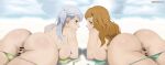  2girls anus aqua_bikini ass bangs beach bikini bikini_pull black_clover blunt_bangs blurry blurry_background blush breast_press breasts brown_hair closed_mouth clothes_pull cross cross_earrings earrings from_behind green_bikini green_eyes grey_hair highres jewelry large_breasts long_hair looking_at_viewer looking_back lying mandio_art mimosa_vermilion multiple_girls noelle_silva on_stomach patreon_username purple_eyes pussy smile sweatdrop swimsuit twintails twitter_username untied untied_bikini wavy_hair 