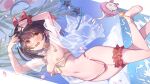  1girl animal_ears anklet bare_shoulders barefoot bikini black_hair breasts cherry_blossoms choker cleavage cloud eyewear_removed fake_animal_ears fanbox_username flower foot_out_of_frame granblue_fantasy groin hair_flower hair_ornament hairband hairband_removed hands_on_own_face highres innertube jacket jewelry leg_garter looking_at_viewer mismatched_bikini mouse mouse_ears navel open_mouth paid_reward_available petals red_eyes scrunchie see-through see-through_jacket shading_eyes short_hair sideways small_breasts smile solo star-shaped_eyewear striped striped_bikini sunglasses swimsuit tearing_up tears thong_bikini twitter_username vikala_(blooming_summer_wallflower)_(granblue_fantasy) vikala_(granblue_fantasy) water wavy_mouth wrist_scrunchie yellowpaint. 