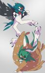  alternate_color animal_focus bird commentary_request decidueye grey_background highres no_humans open_mouth owl pkpokopoko3 pokemon pokemon_(creature) red_pupils shiny_pokemon simple_background talons tongue yellow_eyes 