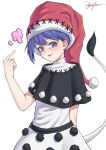  1girl absurdres black_capelet blob blue_eyes blue_hair blush capelet doremy_sweet dream_soul dress eyebrows_visible_through_hair hat highres littiecy looking_at_viewer open_mouth parted_lips pom_pom_(clothes) short_hair signature simple_background smile solo tail tapir_tail touhou white_background 