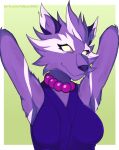  asuri_(brawlhalla) brawlhalla clothing dress empty_eyes felid feline female fulljuan_9602 fur green_background hi_res jewelry looking_at_viewer mammal markings necklace pantherine purple_body purple_clothing purple_dress purple_fur simple_background solo tiger white_markings 