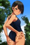  1girl absurdres ass ass_grab asymmetrical_hair bangs blue_sky blue_swimsuit blurry blurry_background blush bob_cut brown_eyes commentary_request depth_of_field eyebrows_visible_through_hair highres looking_away looking_back matsunaga_kouyou one-piece_swimsuit open_mouth original parted_lips short_hair sky smile solo standing swimsuit tan tree wet wet_clothes wet_hair wet_swimsuit 