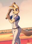  2022 absurd_res anthro baseball_bat bat_(object) canid clothed clothing day digital_media_(artwork) enginetrap female fully_clothed head_tuft hi_res light lighting looking_at_viewer mammal outside shaded signature smile solo tuft 