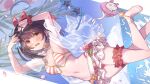  1girl animal_ears anklet bare_shoulders barefoot bikini black_hair breasts cherry_blossoms choker cleavage cloud eyewear_removed fake_animal_ears fanbox_username flower foot_out_of_frame granblue_fantasy hair_flower hair_ornament hairband hairband_removed hands_on_own_face highres innertube jacket jewelry leg_garter looking_at_viewer miniskirt mismatched_bikini mouse mouse_ears navel open_mouth paid_reward_available petals red_eyes scrunchie see-through see-through_jacket shading_eyes short_hair sideways skirt small_breasts smile solo star-shaped_eyewear striped striped_bikini sunglasses swimsuit tearing_up tears twitter_username vikala_(blooming_summer_wallflower)_(granblue_fantasy) vikala_(granblue_fantasy) water wavy_mouth white_skirt wrist_scrunchie yellowpaint. 