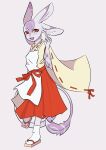  4_ears akanbe anthro apron asian_clothing avali breasts clothed clothing dragon east_asian_clothing fangs feathered_dragon feathered_tail feathers feet female footwear geta hi_res japanese_clothing multi_ear naaka non-mammal_breasts open_mouth red_eyes shrine_maiden smile socks solo wings 