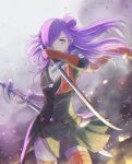  1girl armor asymmetrical_clothes bangs breasts cape choker cleavage closed_mouth deadlyicecream dual_wielding fire_emblem fire_emblem:_three_houses fire_emblem_warriors:_three_hopes gloves hair_bun hair_over_one_eye holding large_breasts long_hair long_sleeves looking_at_viewer purple_eyes purple_hair shez_(fire_emblem) shez_(fire_emblem)_(female) simple_background single_glove single_hair_bun solo upper_body 