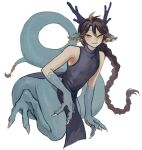  029bdpq 1boy ahoge animal_ears animal_feet animal_hands antlers blue_scales brown_hair claws digitigrade dragon_boy dragon_tail full_body highres kneeling long_hair looking_at_viewer male_focus monster_boy original pelvic_curtain scales side_slit sleeveless smile solo tail turtleneck white_background yellow_eyes 