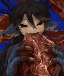  029bdpq 1boy androgynous animal_ears animal_hands antlers black_eyes blood blood_in_hair blood_on_face blood_on_hands blue_background braid braided_ponytail brown_hair claws dragon_boy eating empty_eyes food highres holding holding_food looking_at_object male_focus meat monster_boy no_pupils original solo upper_body 