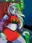  2022 amber_wind anthro bottomwear bracelet canid canine canis claws clothing digital_media_(artwork) ear_piercing female five_nights_at_freddy&#039;s five_nights_at_freddy&#039;s:_security_breach fur green_claws green_hair grey_body grey_fur hair hi_res jewelry keyboard_instrument keytar makeup mammal musical_instrument piercing red_bottomwear red_clothing red_crop_top red_skirt roxanne_wolf_(fnaf) scottgames skirt solo stage video_games white_body white_fur wolf yellow_eyes 