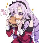  1girl 6tnut9 bangs breasts burger dress drill_hair eating food hair_between_eyes holding holding_food hyakumantenbara_salome large_breasts long_hair long_sleeves looking_at_food nail_polish nijisanji purple_eyes purple_hair red_dress red_nails simple_background solo sparkle translation_request upper_body virtual_youtuber white_background 
