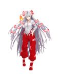  1girl absurdres baggy_pants bangs belt boots bow closed_mouth collared_shirt commentary_request fire footwear_bow fujiwara_no_mokou full_body grey_hair hair_bow half-closed_eye hand_up highres index_finger_raised long_hair long_sleeves looking_at_viewer multiple_hair_bows nuppehofu_(nibuta) ofuda ofuda_on_clothes open_belt open_clothes open_fly open_pants pants pocket red_eyes red_footwear red_pants shirt simple_background smile solo suspenders touhou very_long_hair walking white_background white_shirt wing_collar 