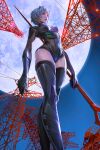 1girl absurdres ayanami_rei black_fox black_gloves black_legwear black_leotard blue_hair boots breasts elbow_gloves evangelion:_3.0+1.0_thrice_upon_a_time evangelion:_3.0_you_can_(not)_redo feet_out_of_frame foreshortening from_below full_moon gloves headgear highres holding holding_polearm holding_weapon leotard long_sleeves looking_ahead medium_breasts moon neon_genesis_evangelion night night_sky parted_lips plugsuit polearm rebuild_of_evangelion red_eyes short_hair skin_tight sky solo spear standing teeth thigh_boots weapon yangmie_mieyi 