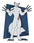  2016 5_fingers abs alpha_channel animal_genitalia animal_penis anthro balls biped blue_eyes canid canine canine_penis claws digital_media_(artwork) erection fingers full-length_portrait fur genitals hi_res knot long_claws longblueclaw male mammal muscular muscular_anthro muscular_male open_mouth pawpads paws penis portrait simple_background smile solo teeth white_body white_fur 