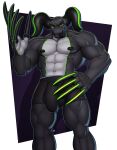  2016 abs anthro black_body bulge claws clothed clothing digital_media_(artwork) genital_outline green_eyes hi_res horn long_claws longblueclaw male muscular muscular_anthro muscular_male navel open_mouth penis_outline simple_background solo standing teeth tongue tongue_out underwear underwear_only white_body 