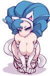  2019 all_fours animal_humanoid blue_hair blush breasts capcom darkstalkers felicia_(darkstalkers) felid felid_humanoid feline feline_humanoid female fur green_eyes hair hi_res humanoid light_body light_skin long_hair looking_at_viewer mammal mammal_humanoid noise_(artist) simple_background smile solo video_games white_background white_body white_fur 