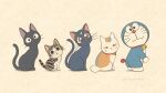  &lt;o&gt;_&lt;o&gt; :3 animal animal_focus bell bishoujo_senshi_sailor_moon black_cat black_eyes cat chi&#039;s_sweet_home chi_(character) closed_mouth crescent crossover doraemon doraemon_(character) from_side full_body jiji_(majo_no_takkyuubin) jingle_bell kitten lineup looking_at_viewer luna_(sailor_moon) majo_no_takkyuubin mojacookie multiple_crossover natsume_yuujinchou nyanko red_eyes robot sitting standing symbol-only_commentary trait_connection twitter_username yellow_background 