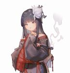  1girl bangs bare_shoulders black_collar black_hair black_kimono blue_eyes blunt_bangs blunt_ends chibi chinese_commentary collar commentary_request cowboy_shot final_fantasy final_fantasy_xiv flower hair_flower hair_in_mouth hair_ornament hand_up holding holding_smoking_pipe japanese_clothes kimono kiseru lace_collar long_hair long_sleeves mole mole_under_mouth obi off_shoulder parted_lips rocco sash sidelocks simple_background smoke smoking_pipe solo standing straight_hair white_background wide_sleeves yotsuyu_(ff14) 