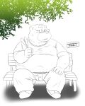  2022 anthro belly bench big_belly bodily_fluids bottomwear clothing eyewear glasses hi_res humanoid_hands kemono male mammal overweight overweight_male pants plant shirt sitting solo sweat topwear toshi_(artist) tree ursid 