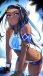  1girl armlet bare_shoulders belly_chain bikini black_hair blue_eyes blue_eyeshadow breasts collarbone dark-skinned_female dark_skin earrings eyeshadow hair_bun highres hoop_earrings jewelry kashu_(hizake) long_hair looking_at_viewer makeup medium_breasts multicolored_hair navel necklace nessa_(pokemon) open_mouth pokemon pokemon_(game) pokemon_swsh single_hair_bun solo swimsuit tankini thighs two-tone_hair 