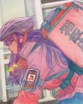  1girl backpack bag bell bicycle_helmet brown_eyes building cellphone digital_media_player earphones eyeliner from_side hair_bell hair_ornament helmet highres jacket little_thunder long_hair looking_ahead makeup outdoors painting_(medium) phone profile purple_hair ranma_1/2 riding shampoo_(ranma_1/2) smartphone solo traditional_media watercolor_(medium) wireless_earphones 