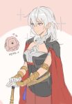  2girls absurdres alternate_color armor blush breasts byleth_(fire_emblem) byleth_(fire_emblem)_(female) cape closed_mouth cosplay edelgard_von_hresvelg edelgard_von_hresvelg_(cosplay) fire_emblem fire_emblem:_three_houses gloves grey_hair highres long_hair long_sleeves multiple_girls pantyhose purple_eyes red_cape simple_background smile super_smash_bros. toho10min white_hair 