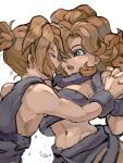  1boy 1girl abs ayla_(chrono_trigger) bangs blonde_hair breasts caveman chrono_trigger cleavage closed_eyes couple curly_hair fur_scarf fur_skirt grey_eyes grey_fur hair_between_eyes highres holding_hands kino_(chrono_trigger) large_breasts long_hair medium_hair midriff navel open_mouth parted_bangs ponytail short_ponytail teeth upper_body upper_teeth uzutanco white_background 