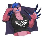  2016 alpha_channel anthro blue_hair breasts claws cleavage clothed clothing digital_media_(artwork) female fur hair half-length_portrait long_claws longblueclaw mammal midriff navel nipple_outline pink_body pink_fur portrait simple_background smile solo ursid 
