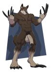  2016 5_fingers anthro brown_body brown_eyes brown_fur canid canine canis claws digital_media_(artwork) fingers flaccid foreskin full-length_portrait fur genitals hi_res inner_ear_fluff long_claws longblueclaw male mammal muscular muscular_anthro muscular_male nipple_piercing nipples pawpads paws penis piercing portrait pubes simple_background smile solo tan_body tan_fur tuft wolf 