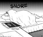  2016 anthro bedding blanket cellphone dragon english_text if_hell_had_a_taste male monochrome phone pillow reptile scalie skylar_fidchell sleeping snoring solo sound_effects text viroveteruscy 