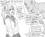  2020 baalbuddy bottomwear clothing comic duo elf english_text female hair hi_res humanoid humanoid_pointy_ears humor male monochrome not_furry open_mouth open_smile orc ponytail school_uniform seldaana shirt skirt smile text topwear tusks uniform 