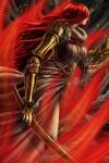  1girl armor artist_request cape closed_mouth covered_eyes dress elden_ring helmet highres holding holding_sword holding_weapon long_hair malenia_blade_of_miquella mechanical_arms prosthesis prosthetic_arm red_cape red_hair single_mechanical_arm solo sword very_long_hair weapon winged_helmet 