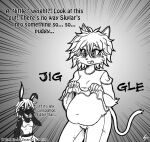  2016 alcohol anthro beer belly beverage beverage_can blake_sinclair blush bottomwear breasts clothed clothing clothing_lift comic domestic_cat duo english_text felid feline felis female hair if_hell_had_a_taste jiggling lagomorph leporid mammal marci_hetson monochrome navel notched_ear overweight pants rabbit scar shirt shirt_lift shorts text topwear viroveteruscy 