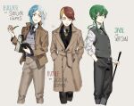  3others androgynous bangs blonde_hair blue_eyes blue_hair book closed_eyes coat collared_shirt cosplay detective dress_shirt euclase_(houseki_no_kuni) formal green_hair grey_hair hair_between_eyes hair_rings hand_in_pocket highres holding holding_book houseki_no_kuni jade_(houseki_no_kuni) looking_at_another multicolored_hair multiple_others necktie pale_skin parody parted_bangs red_hair roru_(lol_dessin) rutile_(houseki_no_kuni) sherlock_holmes sherlock_holmes_(cosplay) shirt short_hair sidelocks smile smoking_pipe suit sweater_vest swept_bangs vest 