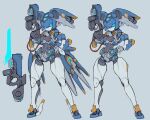  1girl absurdres bayonet blue_background blue_eyes cable energy_blade gun hand_on_hip highres holding holding_gun holding_weapon lcbutter looking_at_viewer mecha original science_fiction weapon 