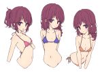  1girl absurdres bikini blue_bikini blush breasts brown_hair eyebrows_visible_through_hair highres looking_at_viewer machikado_mazoku mel_(melty_pot) multiple_views navel open_mouth orange_bikini pink_bikini purple_eyes side-tie_bikini simple_background sketch small_breasts smile swimsuit tongue tongue_out upper_body white_background yoshida_ryouko 