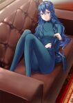  1girl ameno_(a_meno0) blue_eyes blue_hair breasts couch fire_emblem fire_emblem_awakening highres indoors long_hair looking_at_viewer lucina_(fire_emblem) lying pantyhose removing_jacket rug sitting small_breasts smile solo symbol-shaped_pupils symbol_in_eye tiara 