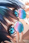  1girl :o blue-tinted_eyewear blue_eyes blue_hair blue_sclera bob_cut close-up colored_sclera commentary_request diamond-shaped_pupils diamond_(shape) eye_reflection eyelashes eyewear_removed face foreshortening glasses green-tinted_eyewear highres holding holding_eyewear looking_at_viewer looking_over_eyewear mimoza_(96mimo414) open_mouth original pink-tinted_eyewear reflection sideways simple_background solo sunglasses symbol-shaped_pupils tinted_eyewear 