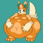  3_toes 5_fingers anthro belly belly_grab big_belly big_butt big_ears black_nose blue_background brown_eyes butt chest_tuft dahliathefox feet fingers fur hand_on_stomach hands_on_belly holding_stomach huge_butt looking_at_viewer male moobs navel nintendo obese obese_anthro obese_male orange_belly orange_body orange_fur overweight overweight_anthro overweight_male pawmi pok&eacute;mon pok&eacute;mon_(species) simple_background smile solo standing thick_thighs toes tuft video_games yellow_cheeks 