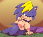  anthro areola big_breasts bigdon1992 blue_body blush bodily_fluids breasts crossgender eulipotyphlan female fur hair hedgehog lactating mammal nipples nude sega smile solo sonic_the_hedgehog sonic_the_hedgehog_(series) 