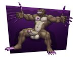  2016 5_fingers anthro balls biped brown_body claws digital_media_(artwork) fingers full-length_portrait genitals girly long_claws long_nails longblueclaw looking_at_viewer makeup male pawpads paws penis portrait reptile scalie simple_background sitting smile solo tan_body vein 