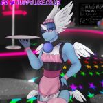  absurd_res anthro bar bottomwear clothed clothing dragon dragonair dress feathered_wings feathers girly hi_res host invalid_tag maid_uniform male miniskirt nintendo pink_eyes pok&eacute;mon pok&eacute;mon_(species) pok&eacute;morph puppyluxe skirt skylar_(puppyluxe) solo strip_club tight_clothing uniform video_games wings 